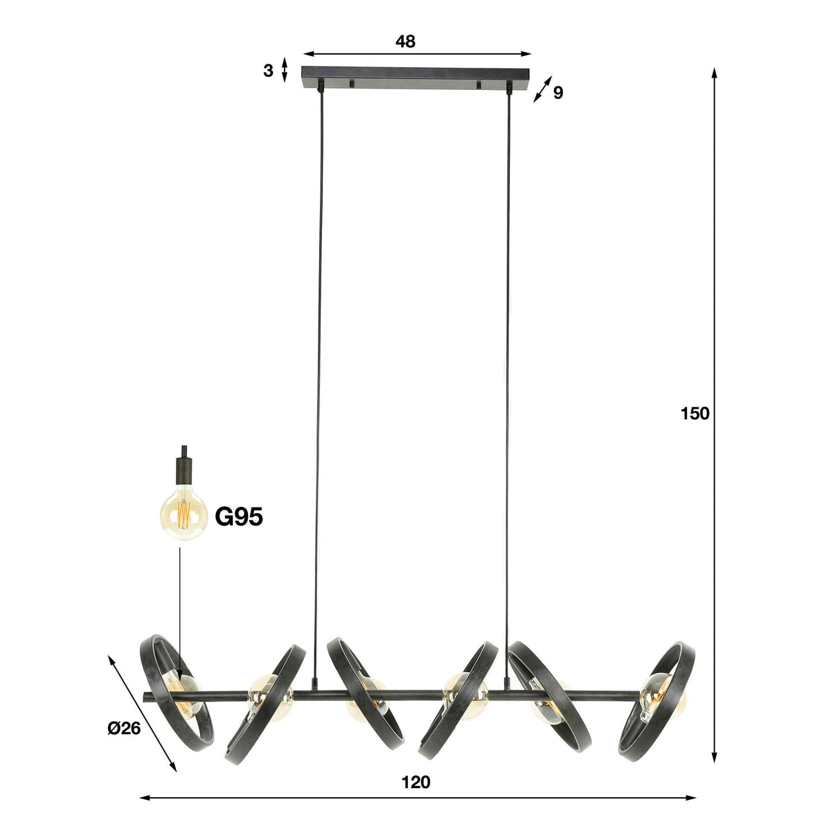 Hängelampe 6-flammig, Metall, 120 cm breit – Anthrazit – Bild 6