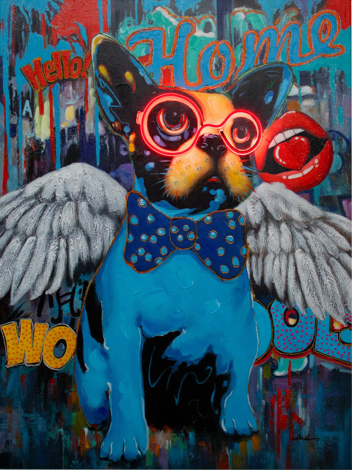 'Hund mit Flügeln' Kunstwerk - LED Neon 90x120 cm