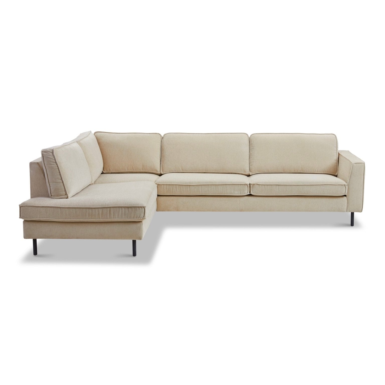 Ecksofa Luis 293x217 cm in grauem Stoff mit Ottomane rechts – modernes Sofa mit Metallfüßen und klarer Linienführung.