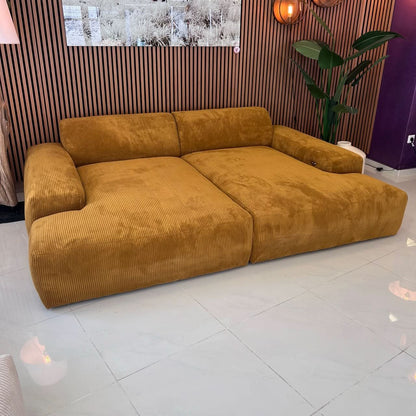 Megasofa, zwei große Sitzflächen, breite Armlehnen, zwei Rückenlehnen, Cord, elektrische Liegetiefenverstellung