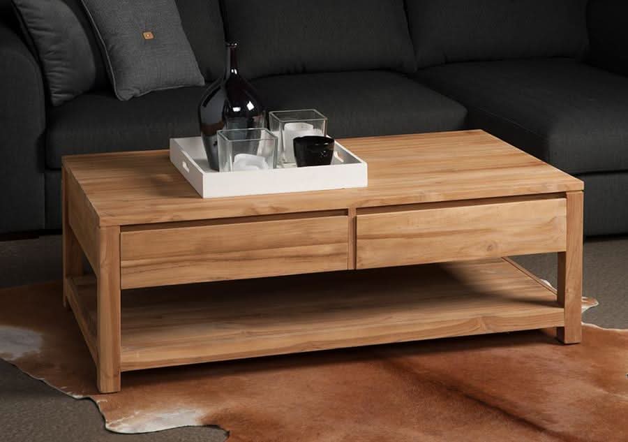 Couchtisch Mora Teakholz, mit 4 Schubladen – Natur
