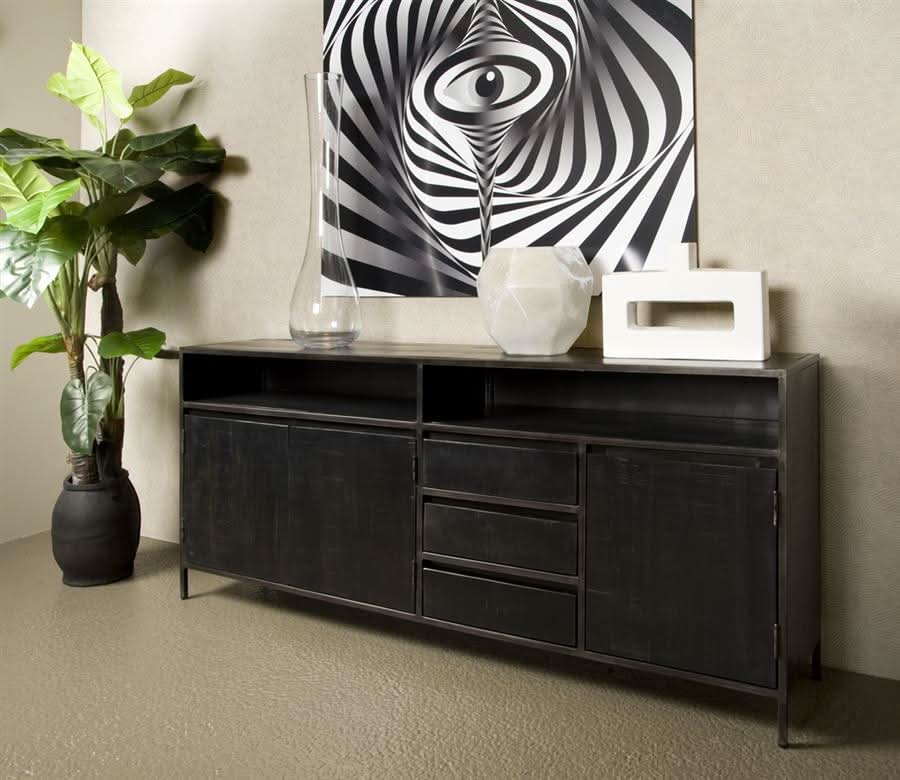 Hitra Sideboard Mangoholz, 3 Türen, 3 Schubladen – Schwarz