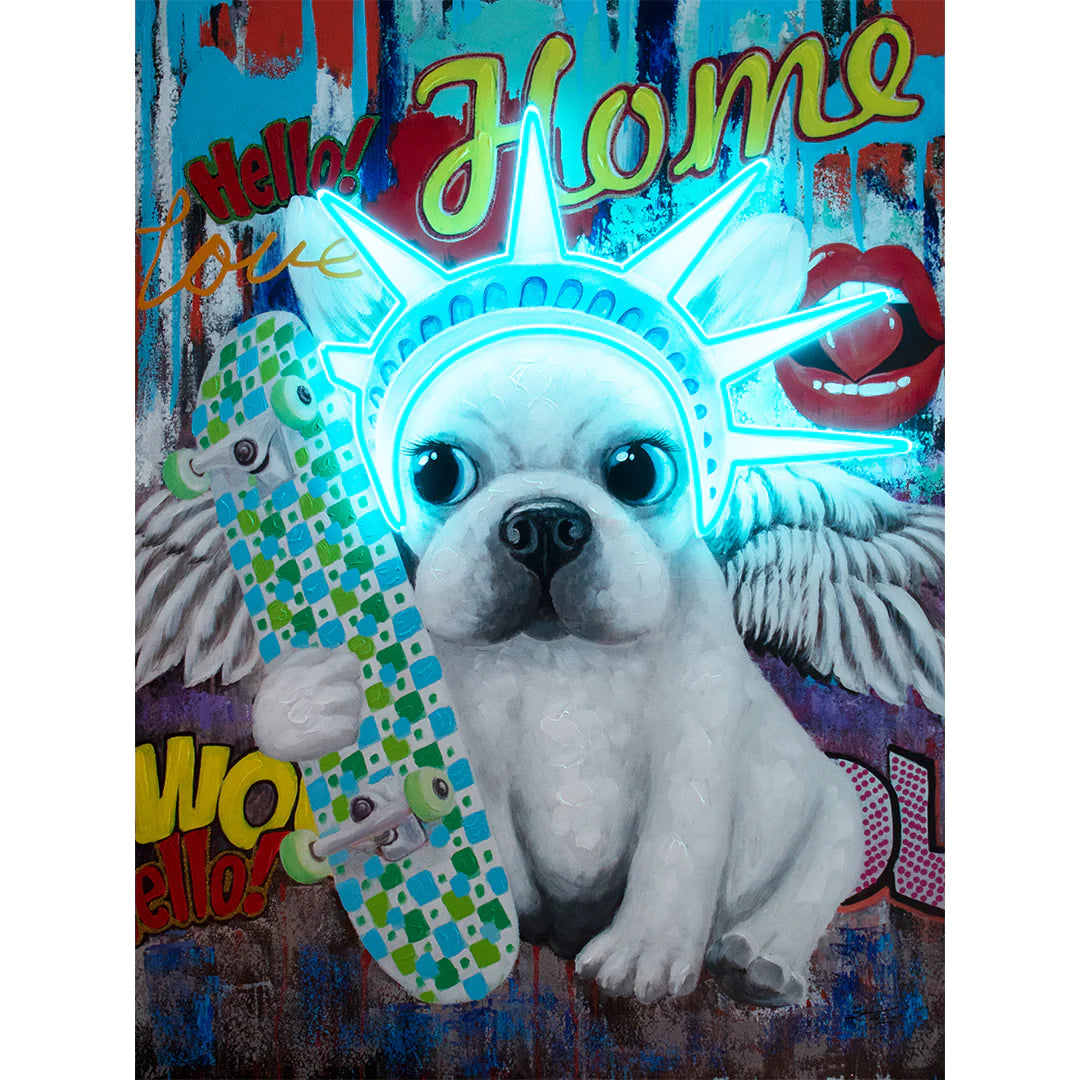 'Liberty Dog' Wandkunstwerk mit LED-Neon - SMALL 70x90 cm