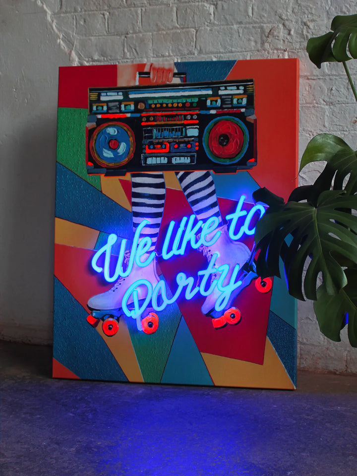 'We Like to Party' Wandkunstwerk mit LED-Neon - SMALL 70x90 cm