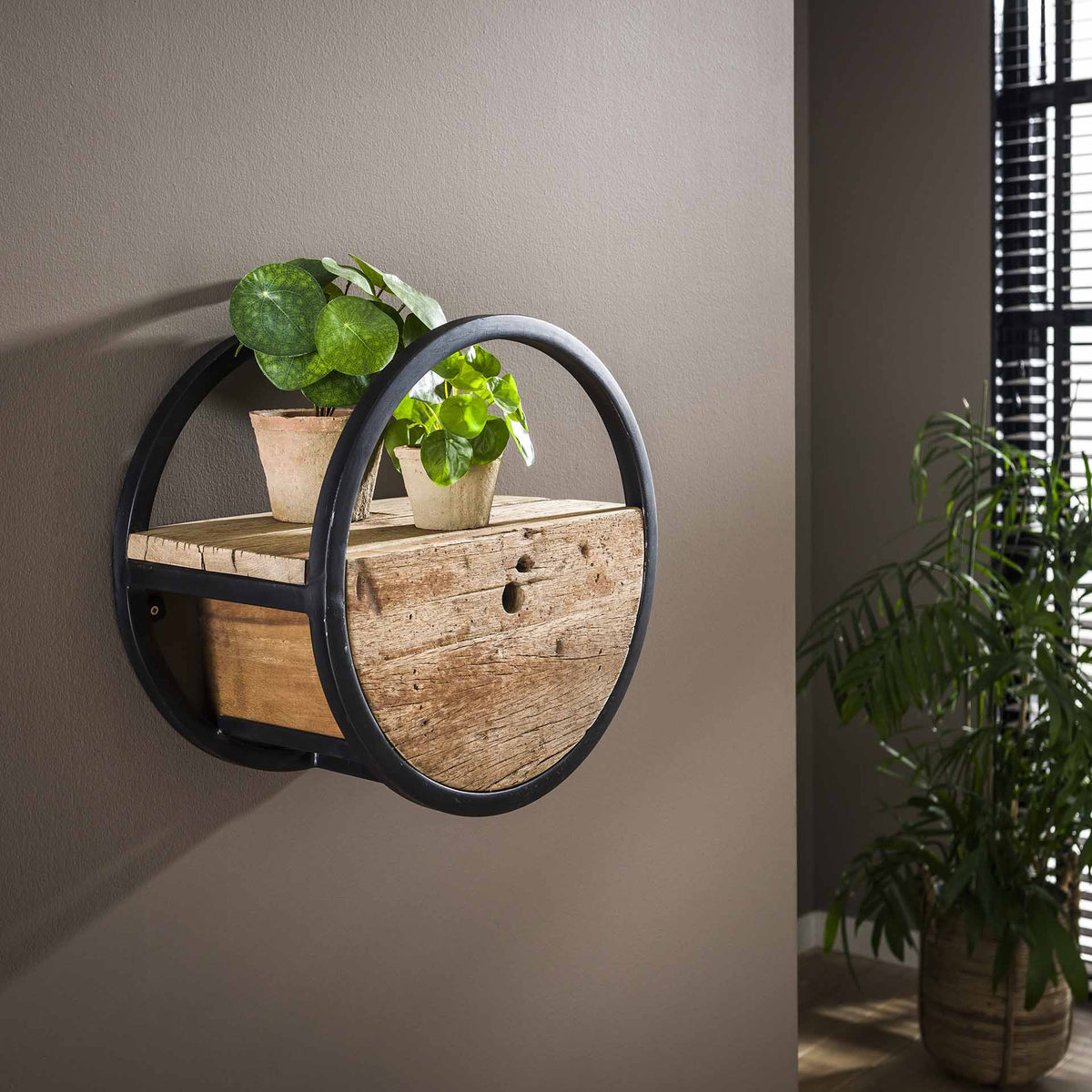 Wandregal rund Ø 40 cm mit Schublade – Hartholz