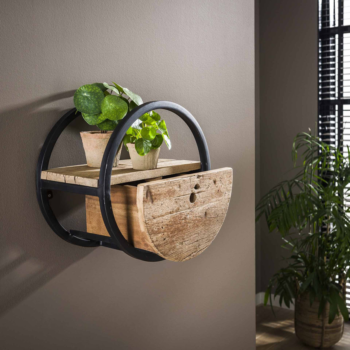 Wandregal rund Ø 40 cm mit Schublade – Hartholz