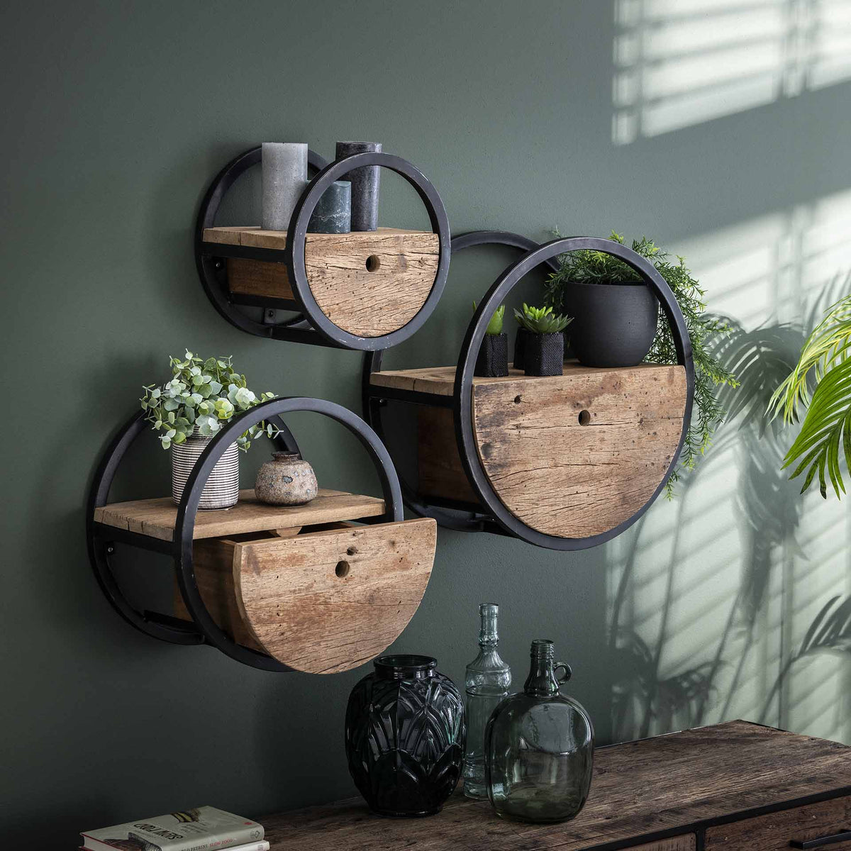 Wandregal rund Ø 40 cm mit Schublade – Hartholz