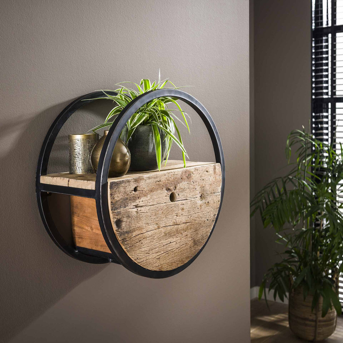 Wandregal rund Ø 50 cm mit Schublade – Hartholz