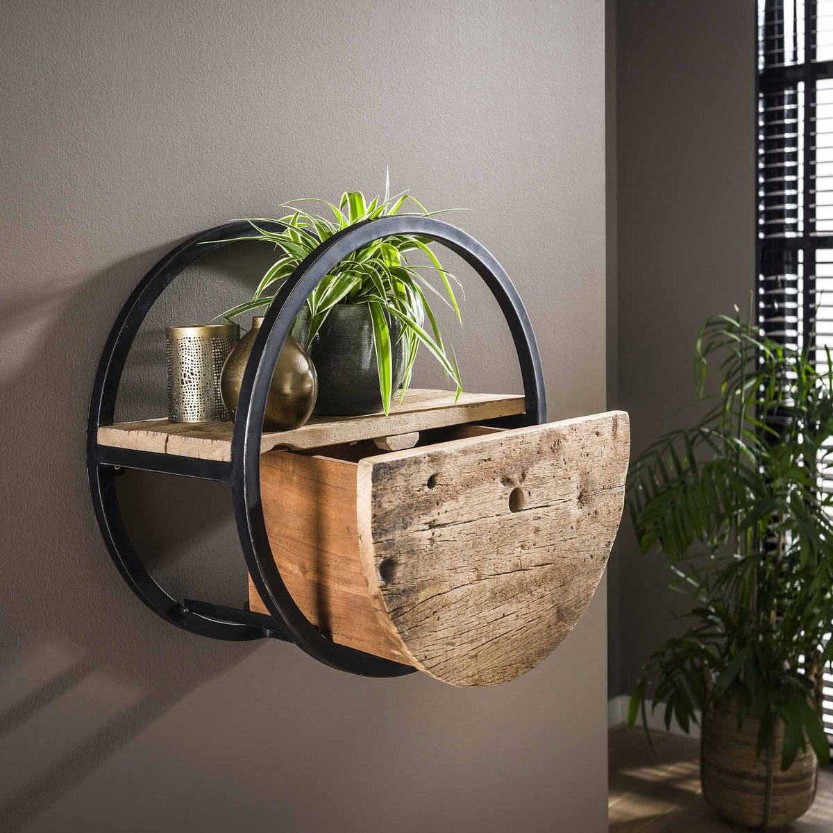 Wandregal rund Ø 50 cm mit Schublade – Hartholz