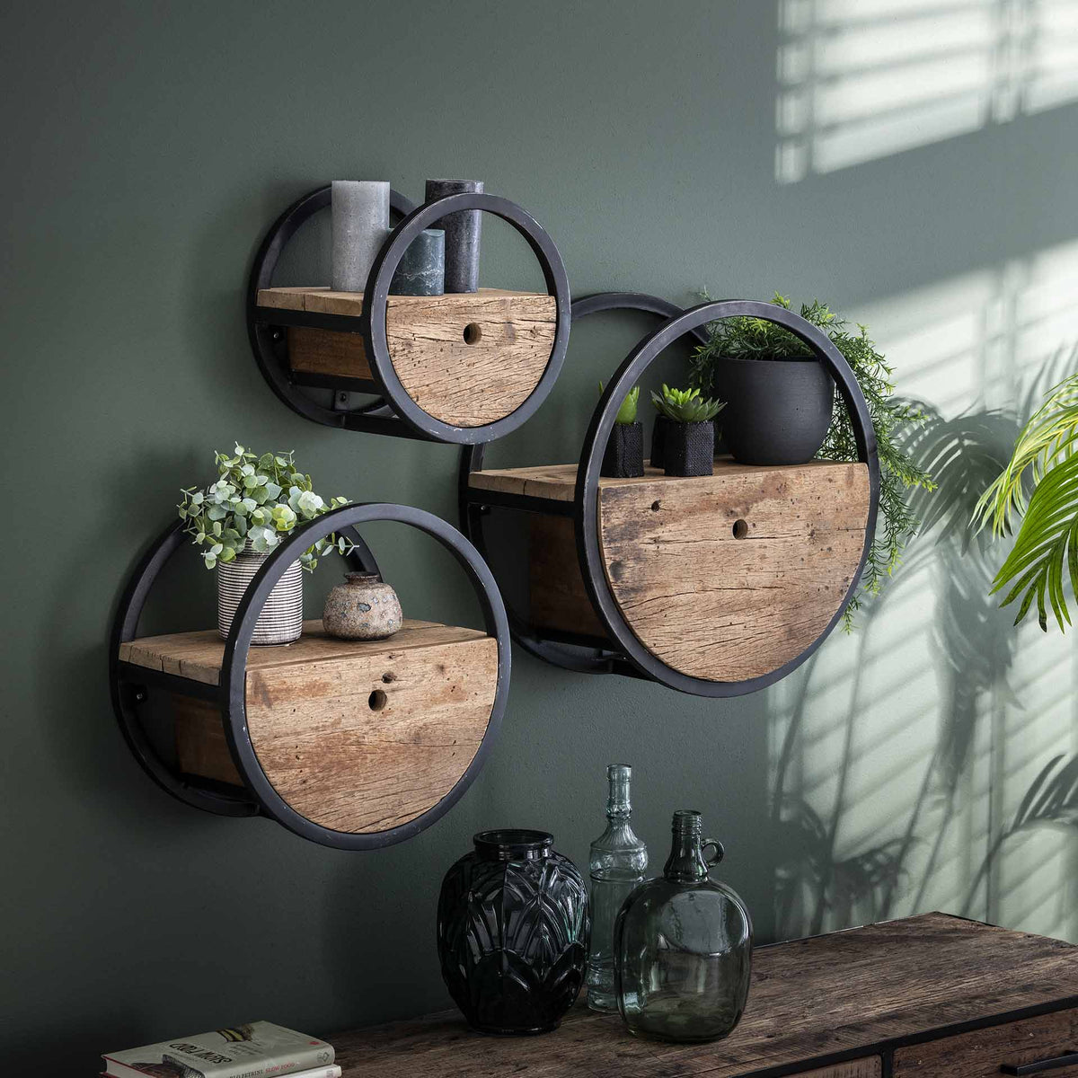 Wandregal rund Ø 50 cm mit Schublade – Hartholz
