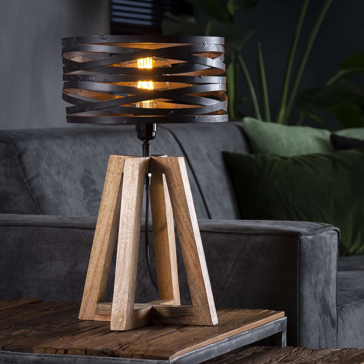 Tischleuchte aus Holz mit Kreuzrahmen  / Slate grey