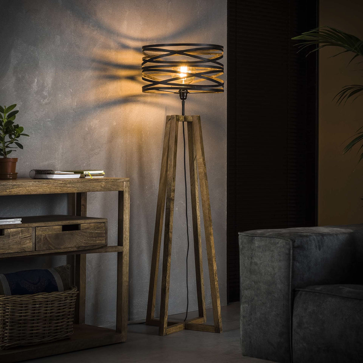 Stehlampe 1-flammig, Holz – Schiefergrau