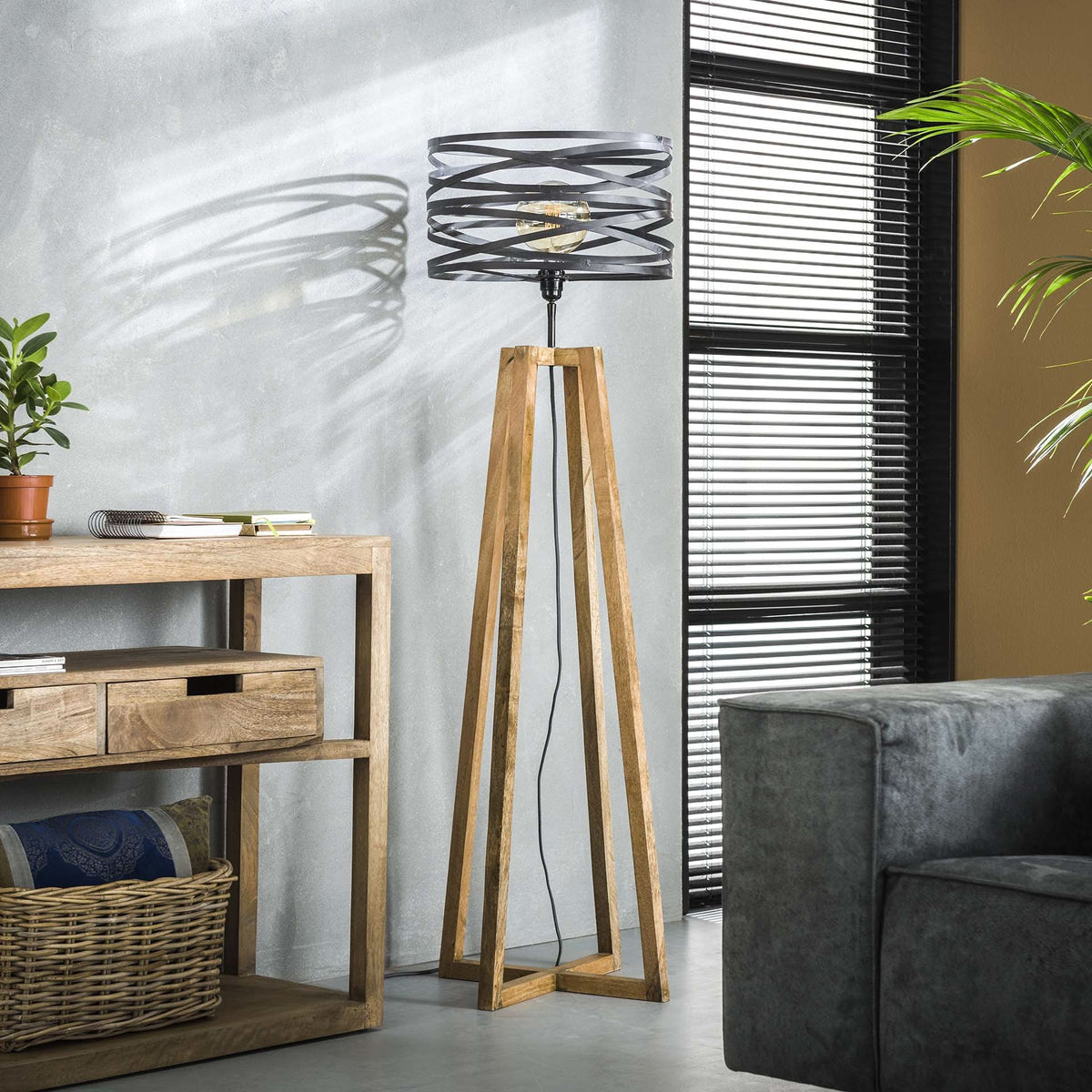 Stehlampe 1-flammig, Holz – Schiefergrau
