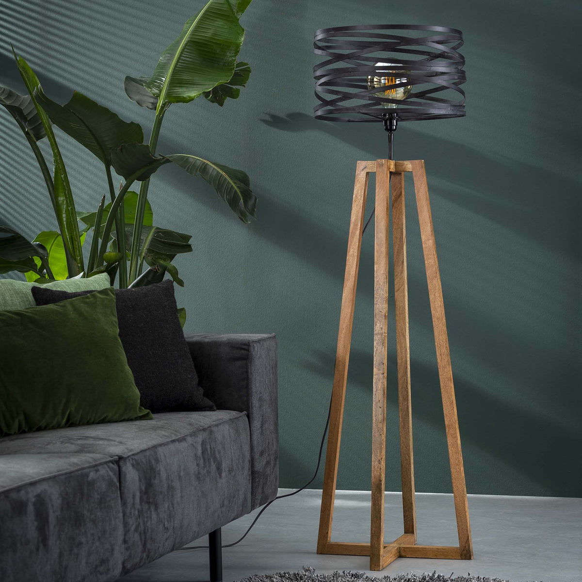 Stehlampe 1-flammig, Holz – Schiefergrau