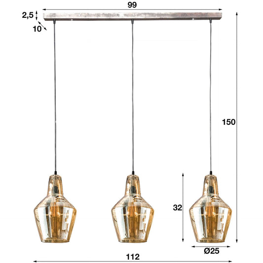 Hängelampe 3L Braunglaskegel / Altsilber / Alt Silber Finish