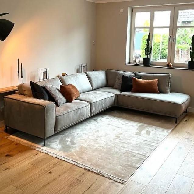  Akron, Ecksofa, Microfaser, schwarze Füße, grau, Naht außen